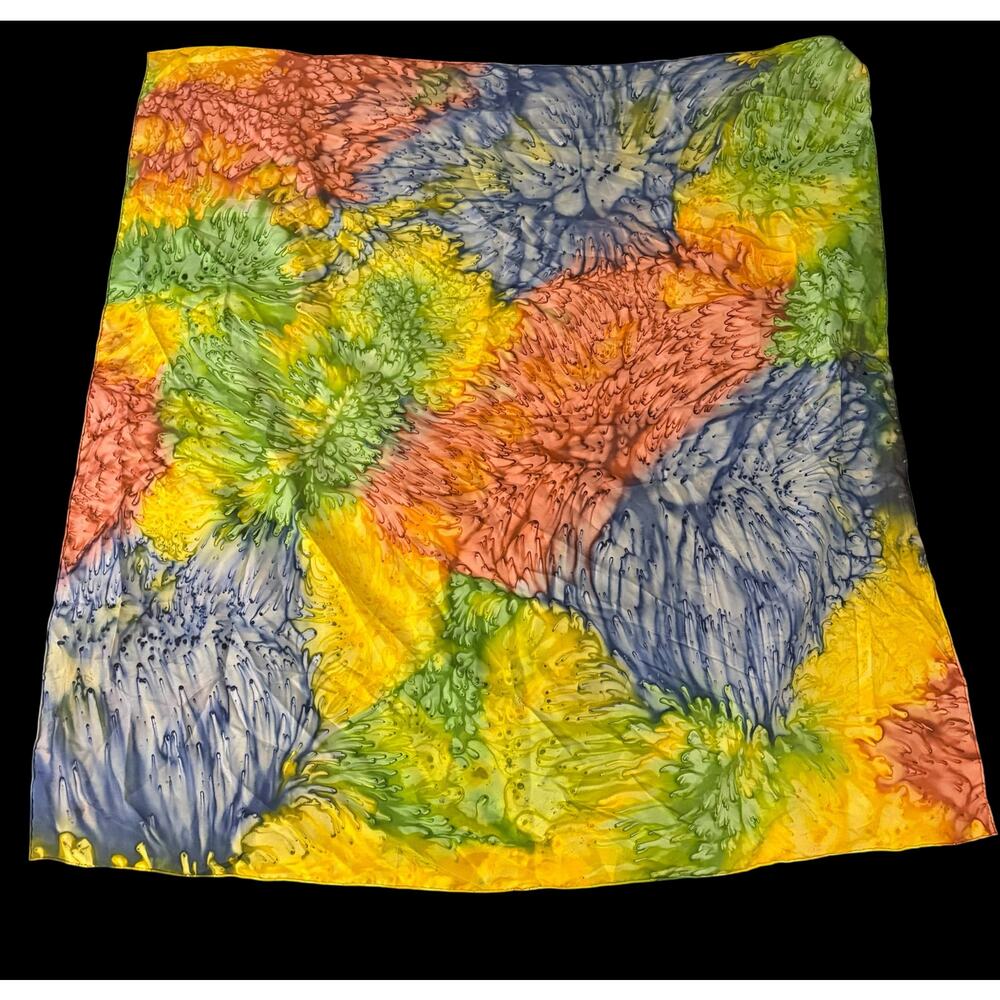 Woman’s 100% Silk Scarf Rectangle Abstract Colorful Water Color Artsy 34” Long - Picture 2 of 6